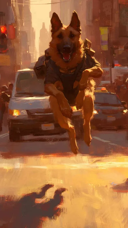 An oil painting portraying a delivery dog in uniform sprinting across busy streets in pursuit of a package, inspired by the style of Norman Rockwell. The scene captures the dog's determined stride amidst bustling traffic. Color temperature: warm and bustling. Facial expression: focused. Soft, directional lighting highlights the dog's determination in the atmosphere.--v 6  --cref https://znrpa-s-1254076648.cos.accelerate.myqcloud.com/ai/thumb-mj-%5B33%5D-debbba5b-7.png --cw 100 - style1部分