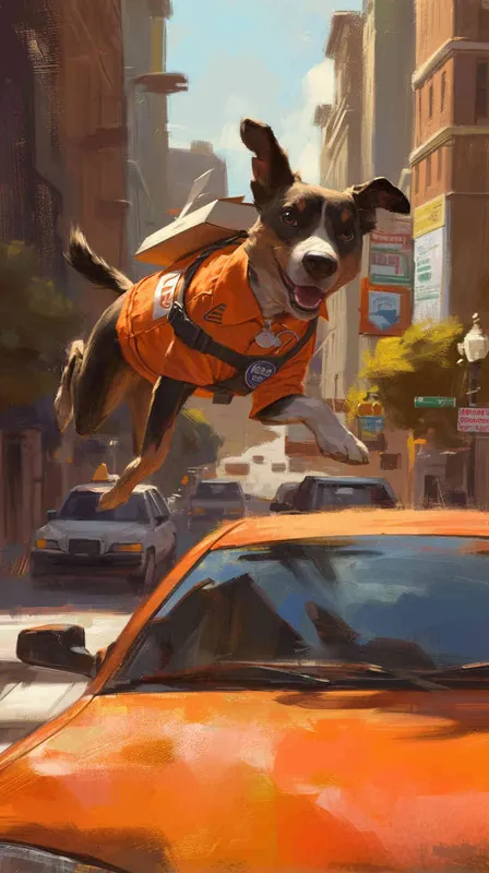 An oil painting portraying a delivery dog in uniform sprinting across busy streets in pursuit of a package, inspired by the style of Norman Rockwell. The scene captures the dog's determined stride amidst bustling traffic. Color temperature: warm and bustling. Facial expression: focused. Soft, directional lighting highlights the dog's determination in the atmosphere.--v 6  --cref https://znrpa-s-1254076648.cos.accelerate.myqcloud.com/ai/thumb-mj-%5B33%5D-debbba5b-7.png --cw 100 - style2部分