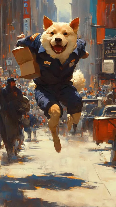An oil painting portraying a delivery dog in uniform sprinting across busy streets in pursuit of a package, inspired by the style of Norman Rockwell. The scene captures the dog's determined stride amidst bustling traffic. Color temperature: warm and bustling. Facial expression: focused. Soft, directional lighting highlights the dog's determination in the atmosphere.--v 6  --cref https://znrpa-s-1254076648.cos.accelerate.myqcloud.com/ai/thumb-mj-%5B33%5D-debbba5b-7.png --cw 100 - style3部分