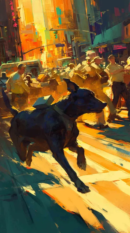 An oil painting portraying a delivery dog in uniform sprinting across busy streets in pursuit of a package, inspired by the style of Norman Rockwell. The scene captures the dog's determined stride amidst bustling traffic. Color temperature: warm and bustling. Facial expression: focused. Soft, directional lighting highlights the dog's determination in the atmosphere.--v 6  --cref https://znrpa-s-1254076648.cos.accelerate.myqcloud.com/ai/thumb-mj-%5B33%5D-debbba5b-7.png --cw 100 - style4部分