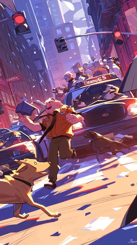A comic panel showing a delivery dog in uniform dashing through a crowded street to catch up with a package, in the style of Charles Schulz's 