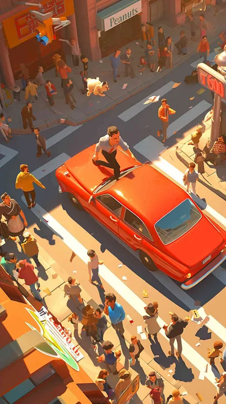 Pixar style, Disney Style, 3D design, C4D modeling, A comic panel showing a delivery dog in uniform dashing through a crowded street to catch up with a package, in the style of Charles Schulz's 