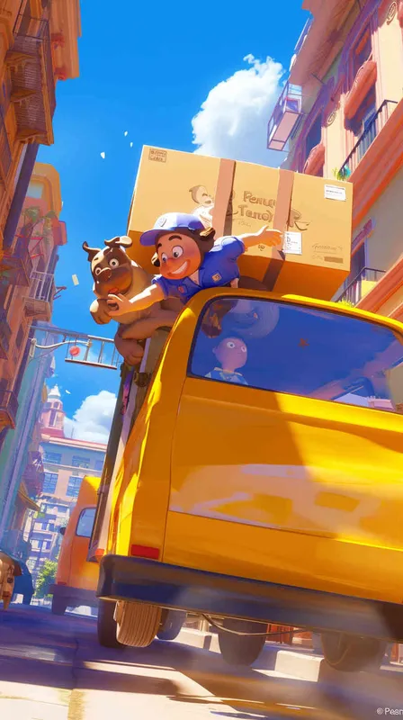 Pixar style, Disney Style, 3D design, C4D modeling, A comic panel showing a delivery dog in uniform dashing through a crowded street to catch up with a package, in the style of Charles Schulz's 