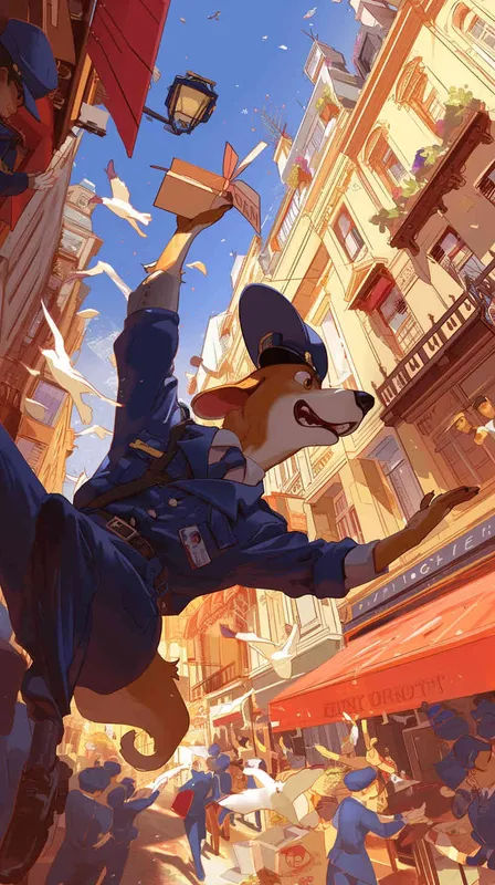 A Pixar 3D rendering，A comic panel showing a delivery dog in uniform dashing through a crowded street to catch up with a package,  The scene depicts the dog navigating through chaotic traffic with a sense of urgency. Color temperature: lively and animated. Facial expression: determined. Bright, overhead lighting adds a playful vibe to the atmosphere. --v 6 --cref https://znrpa-s-1254076648.cos.accelerate.myqcloud.com/ai/thumb-mj-%5B33%5D-debbba5b-7.png --cw 100 - style1部分