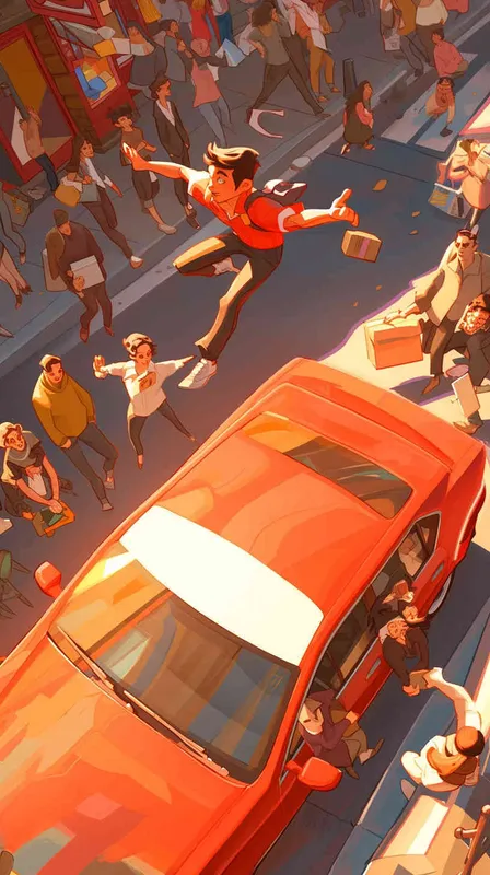 A Pixar 3D rendering，A comic panel showing a delivery dog in uniform dashing through a crowded street to catch up with a package,  The scene depicts the dog navigating through chaotic traffic with a sense of urgency. Color temperature: lively and animated. Facial expression: determined. Bright, overhead lighting adds a playful vibe to the atmosphere. --v 6 --cref https://znrpa-s-1254076648.cos.accelerate.myqcloud.com/ai/thumb-mj-%5B33%5D-debbba5b-7.png --cw 100 - style2部分