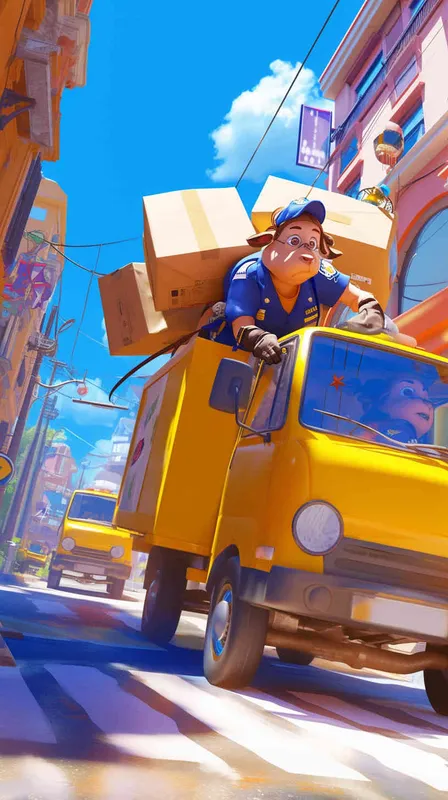 A Pixar 3D rendering，A comic panel showing a delivery dog in uniform dashing through a crowded street to catch up with a package,  The scene depicts the dog navigating through chaotic traffic with a sense of urgency. Color temperature: lively and animated. Facial expression: determined. Bright, overhead lighting adds a playful vibe to the atmosphere. --v 6 --cref https://znrpa-s-1254076648.cos.accelerate.myqcloud.com/ai/thumb-mj-%5B33%5D-debbba5b-7.png --cw 100 - style3部分