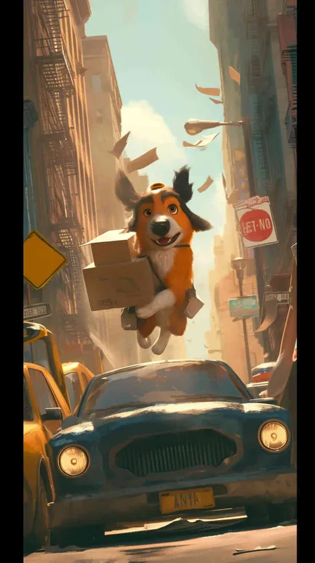 Pixar style, Disney Style, 3D design, C4D modeling, An adventurous scene where a delivery dog, clad in its delivery uniform, dashes through bustling traffic, chasing after a package. The dog's determination is palpable as it weaves through cars and pedestrians, its ears flapping in the wind. The environment is chaotic yet vibrant, with cars honking and people bustling about. The mood is tense but hopeful, reflecting the urgency of the delivery mission. --v 6  --cref https://znrpa-s-1254076648.cos.accelerate.myqcloud.com/ai/thumb-mj-%5B33%5D-debbba5b-7.png --cw 100  - style2部分