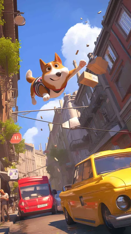 Pixar style, Disney Style, 3D design, C4D modeling, An adventurous scene where a delivery dog, clad in its delivery uniform, dashes through bustling traffic, chasing after a package. The dog's determination is palpable as it weaves through cars and pedestrians, its ears flapping in the wind. The environment is chaotic yet vibrant, with cars honking and people bustling about. The mood is tense but hopeful, reflecting the urgency of the delivery mission. --v 6  --cref https://znrpa-s-1254076648.cos.accelerate.myqcloud.com/ai/thumb-mj-%5B33%5D-debbba5b-7.png --cw 100  - style3部分