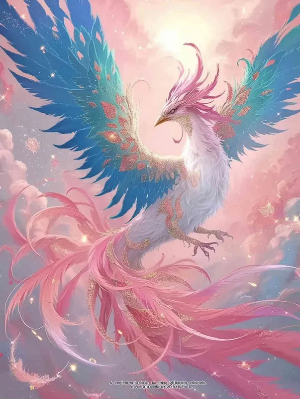 A silver white phoenix with outstretched wings, with flowing clouds below ， turquoise background - style1部分