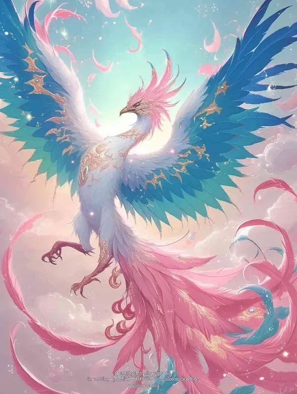 A silver white phoenix with outstretched wings, with flowing clouds below ， turquoise background - style2部分