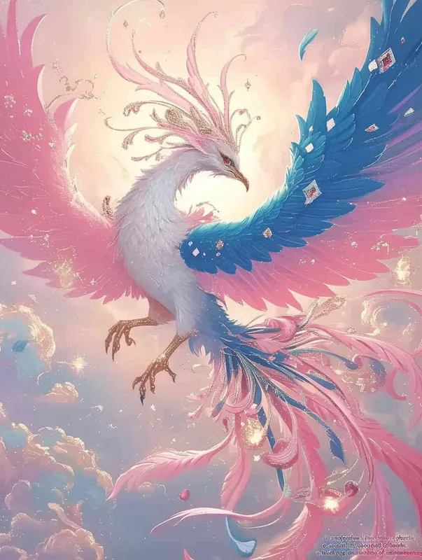 A silver white phoenix with outstretched wings, with flowing clouds below ， turquoise background - style3部分