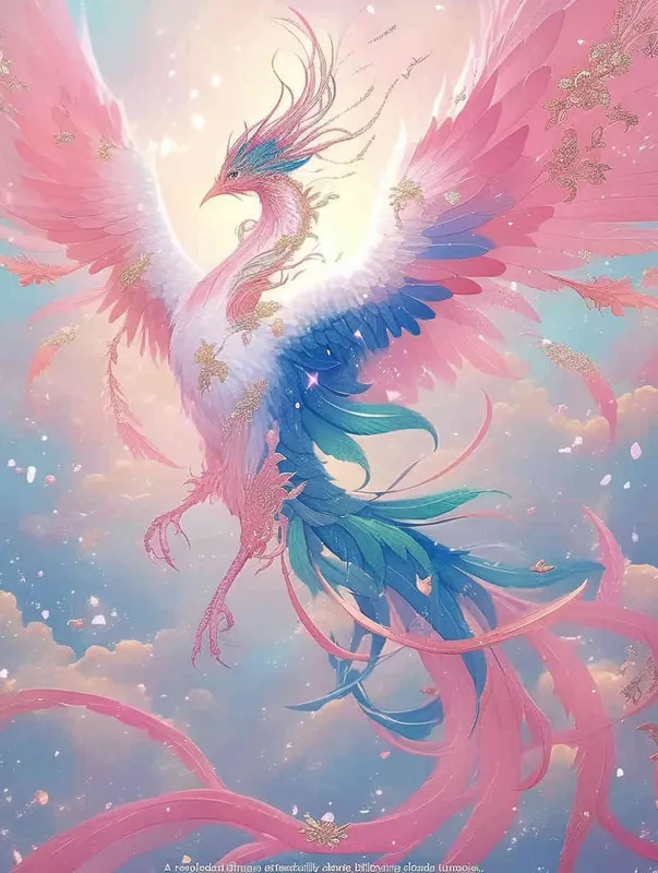 A silver white phoenix with outstretched wings, with flowing clouds below ， turquoise background - style4部分