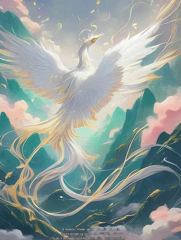 A silver white phoenix with outstretched wings, with flowing clouds below ， turquoise background - style1部分