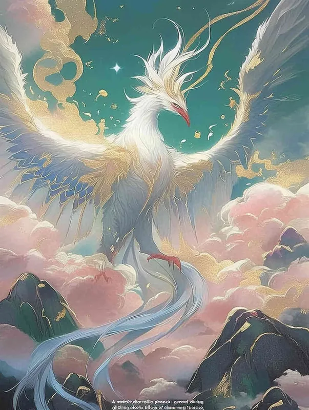 A silver white phoenix with outstretched wings, with flowing clouds below ， turquoise background - style2部分