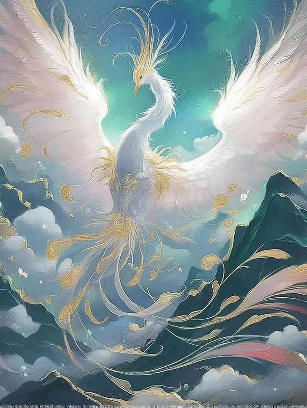 A silver white phoenix with outstretched wings, with flowing clouds below ， turquoise background - style3部分