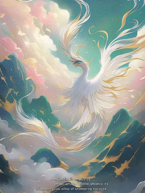 A silver white phoenix with outstretched wings, with flowing clouds below ， turquoise background - style4部分