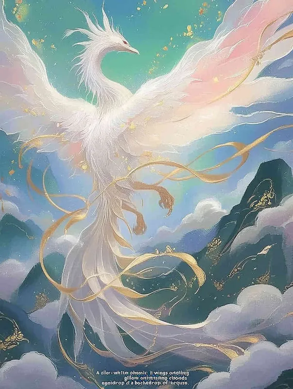 A silver white phoenix with outstretched wings, with flowing clouds below ， turquoise background - style2部分