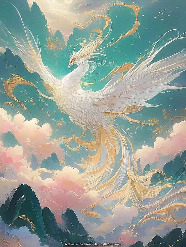 A silver white phoenix with outstretched wings, with flowing clouds below ， turquoise background - style3部分