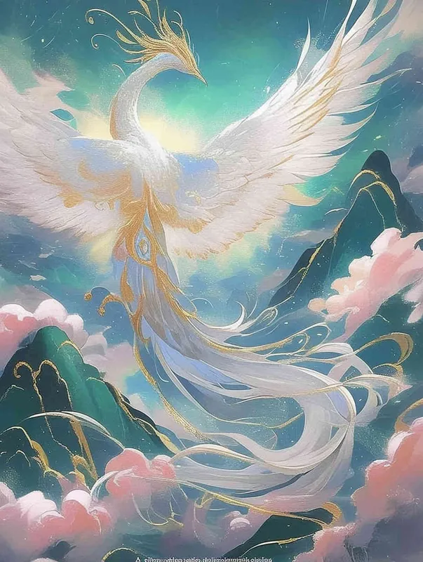 A silver white phoenix with outstretched wings, with flowing clouds below ， turquoise background - style4部分