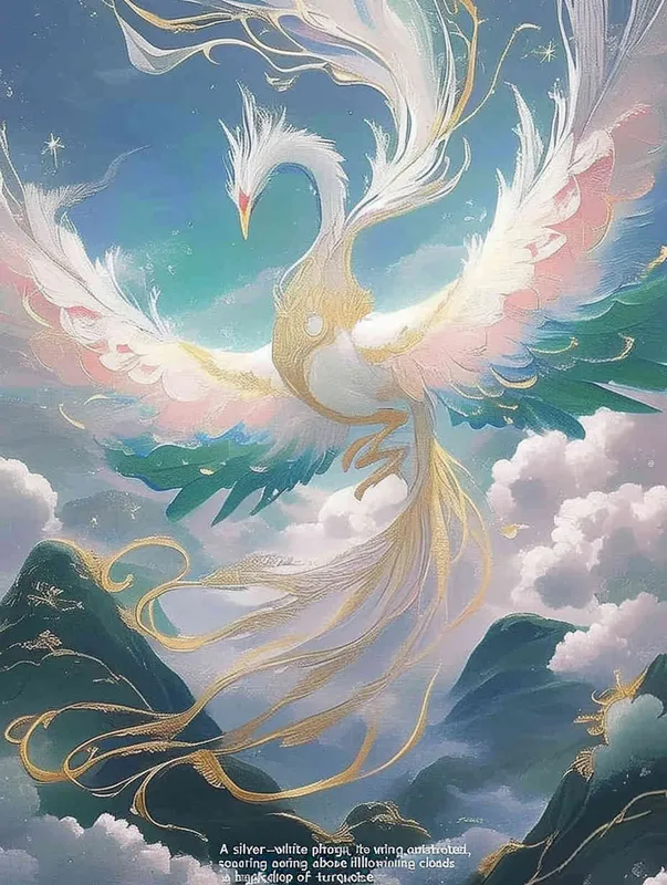 A silver white phoenix with outstretched wings, with flowing clouds below ， turquoise background - AI绘画作品展示 | Midjourney中文版生成