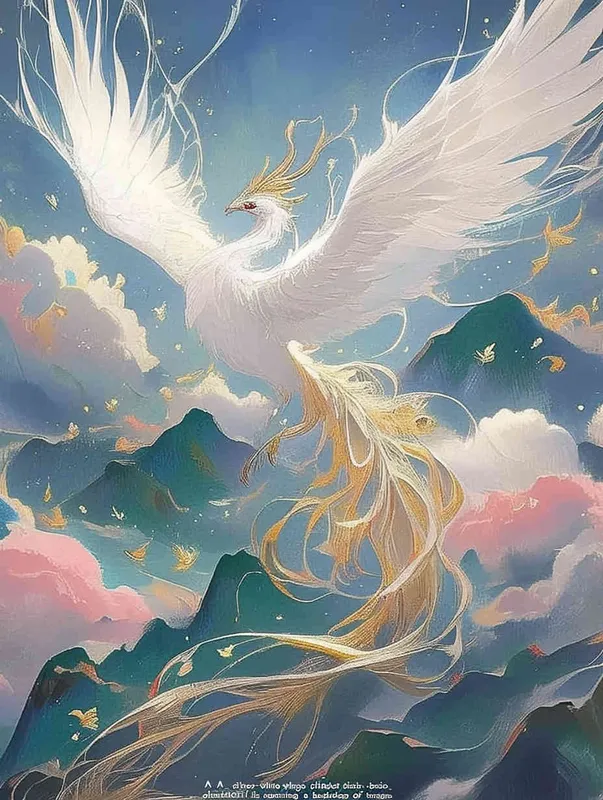 A silver white phoenix with outstretched wings, with flowing clouds below ， turquoise background - AI绘画作品展示 | Midjourney中文版生成