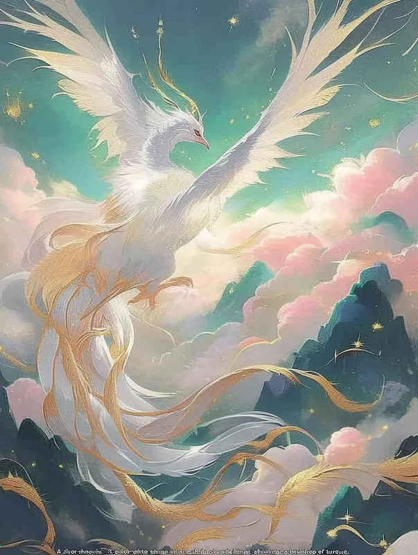 A silver white phoenix with outstretched wings, with flowing clouds below ， turquoise background - style4部分