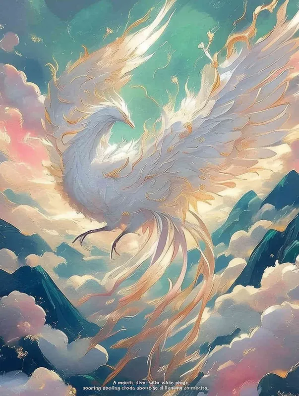 A silver white phoenix with outstretched wings, with flowing clouds below ， turquoise background – AI绘画作品展示 | Midjourney中文版生成