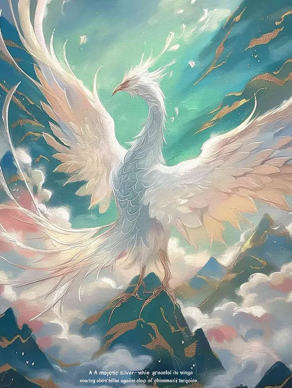 A silver white phoenix with outstretched wings, with flowing clouds below ， turquoise background - style2部分