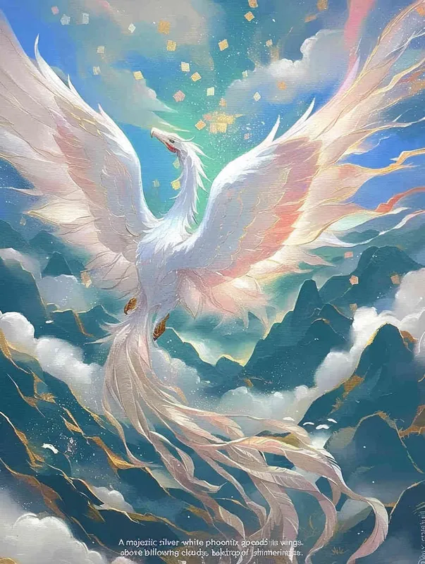 A silver white phoenix with outstretched wings, with flowing clouds below ， turquoise background - style3部分