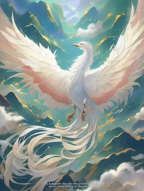 A silver white phoenix with outstretched wings, with flowing clouds below ， turquoise background - style4部分