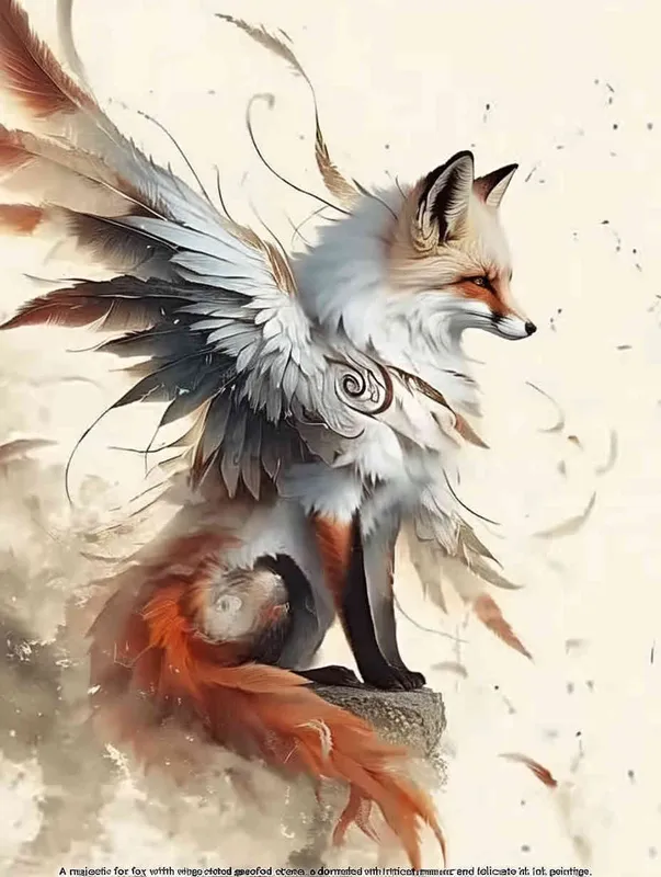 A fox with long wings, crouching on a stone, tattooed manuscript, ink painting style – AI绘画作品展示 | Midjourney中文版生成