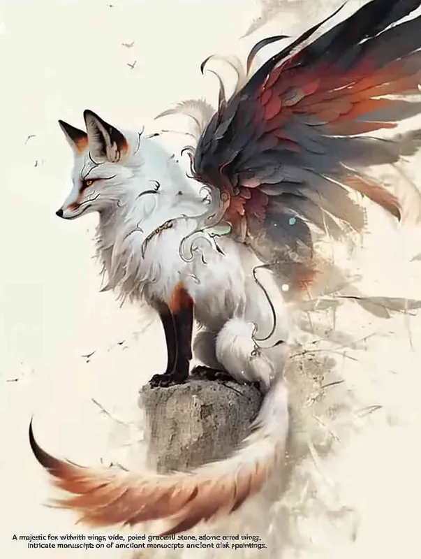 A fox with long wings, crouching on a stone, tattooed manuscript, ink painting style - style2部分