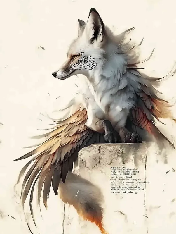 A fox with long wings, crouching on a stone, tattooed manuscript, ink painting style - style3部分