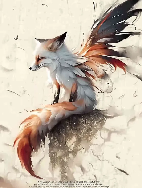 A fox with long wings, crouching on a stone, tattooed manuscript, ink painting style - style4部分