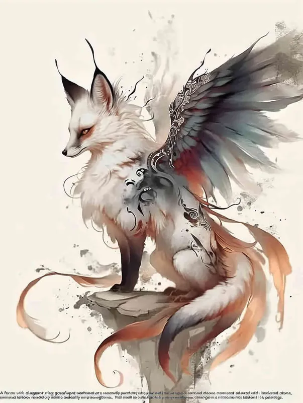 A fox with long wings, crouching on a stone, tattooed manuscript, ink painting style - style1部分