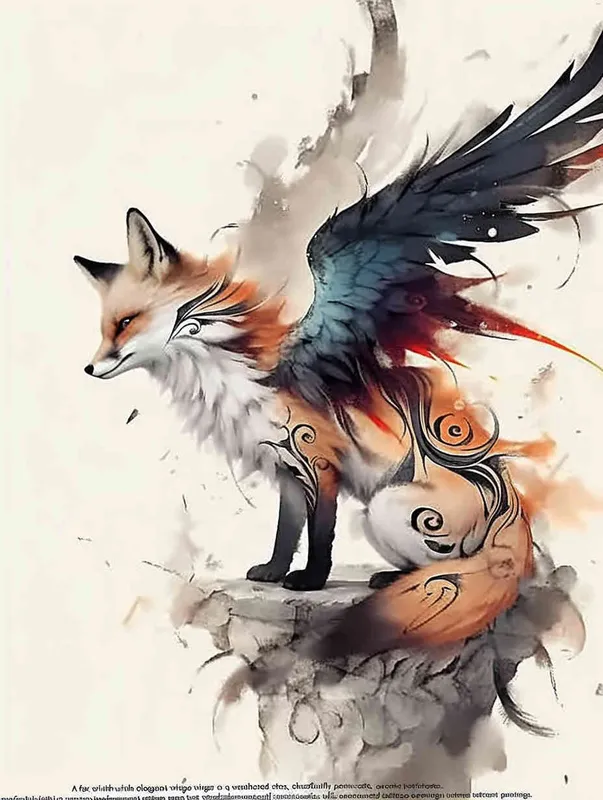 A fox with long wings, crouching on a stone, tattooed manuscript, ink painting style - style2部分