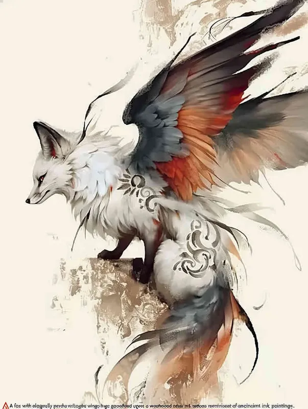 A fox with long wings, crouching on a stone, tattooed manuscript, ink painting style - style3部分
