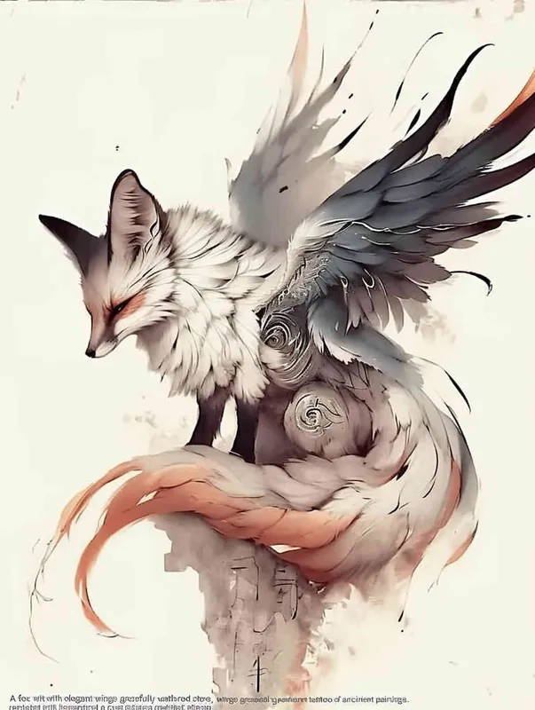 A fox with long wings, crouching on a stone, tattooed manuscript, ink painting style - style4部分