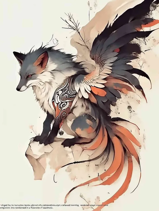 Fox with wings, crouching on a stone, tattooed manuscript, ink painting style, flat style – AI绘画作品展示 | Midjourney中文版生成