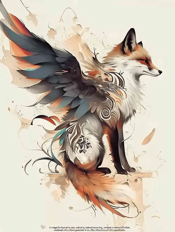 Fox with wings, crouching on a stone, tattooed manuscript, ink painting style, flat style - AI绘画作品展示 | Midjourney中文版生成
