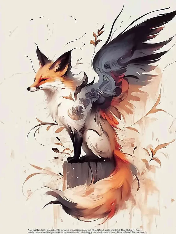 Fox with wings, crouching on a stone, tattooed manuscript, ink painting style, flat style - AI绘画作品展示 | Midjourney中文版生成