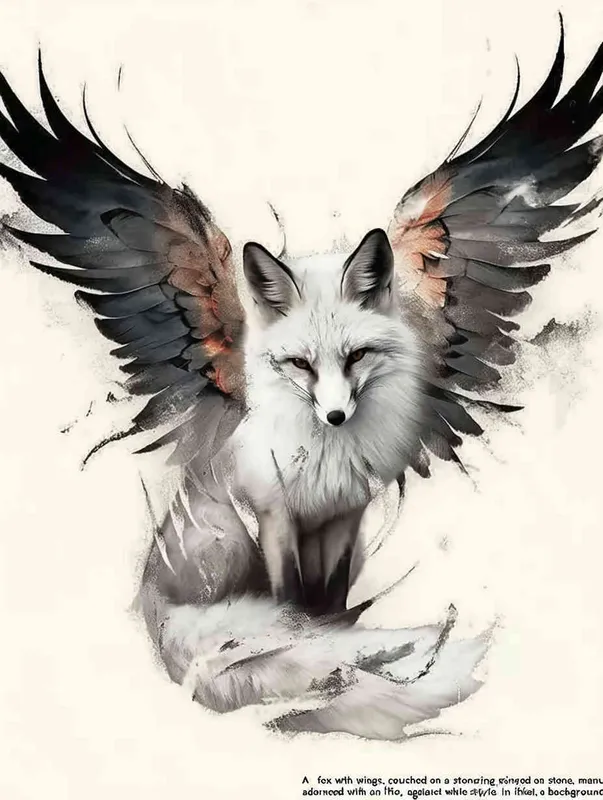 Fox with wings, front facing, crouching on a stone, tattooed manuscript, ink style, flat style, white background - AI绘画作品展示 | Midjourney中文版生成