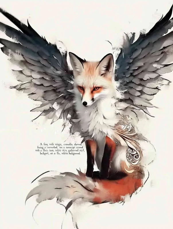 Fox with wings, front facing, crouching on a stone, tattooed manuscript, ink style, flat style, white background - AI绘画作品展示 | Midjourney中文版生成