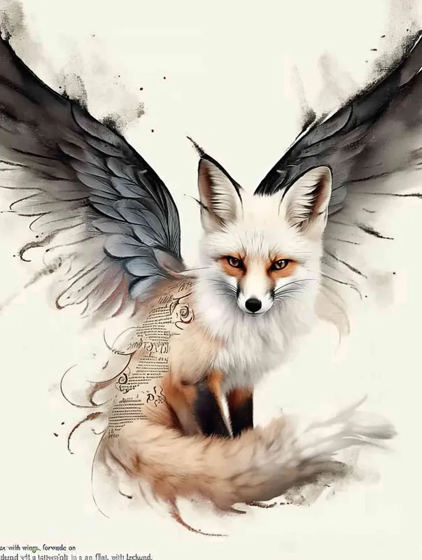 Fox with wings, front facing, crouching on a stone, tattooed manuscript, ink style, flat style, white background - AI绘画作品展示 | Midjourney中文版生成
