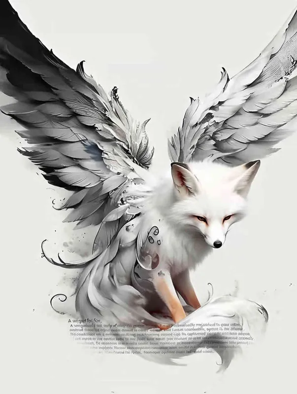 Fox with wings, front facing, crouching on a stone, tattooed manuscript, ink style, flat style, white background - style1部分