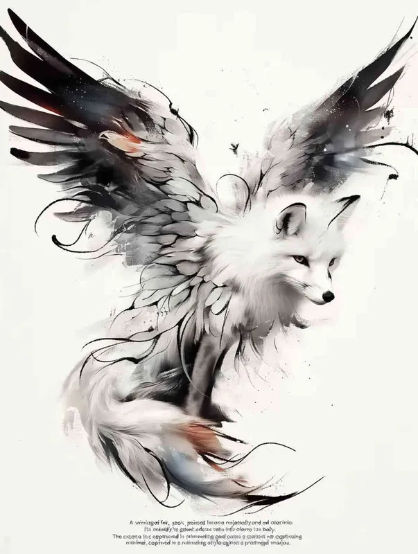 Fox with wings, front facing, crouching on a stone, tattooed manuscript, ink style, flat style, white background - style2部分