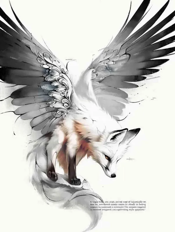 Fox with wings, front facing, crouching on a stone, tattooed manuscript, ink style, flat style, white background - style3部分