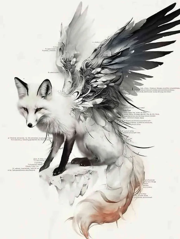 Fox with wings, front facing, crouching on a stone, tattooed manuscript, ink style, flat style, white background - style4部分