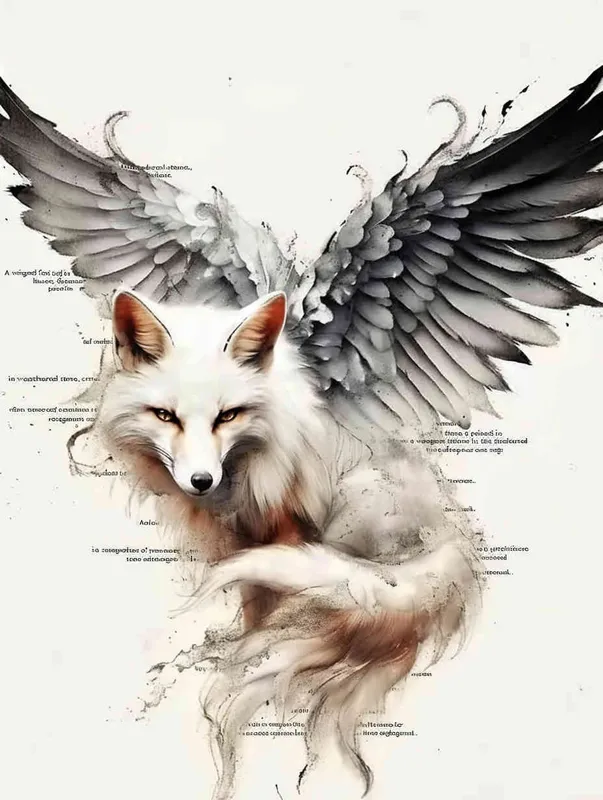 Fox with wings, front facing, crouching on a stone, tattooed manuscript, ink style, flat style, white background – AI绘画作品展示 | Midjourney中文版生成