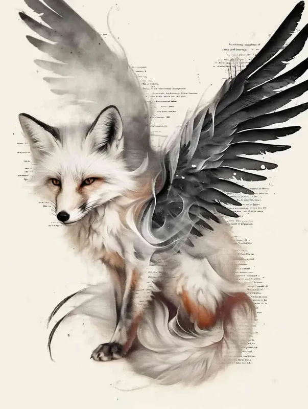 Fox with wings, front facing, crouching on a stone, tattooed manuscript, ink style, flat style, white background - style2部分